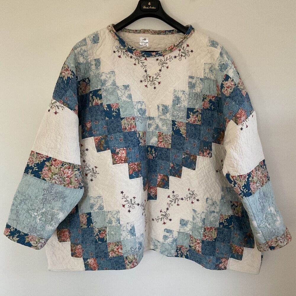 Handmade Vintage Quilt Patchwork Jacket Blue Ivor… - image 1